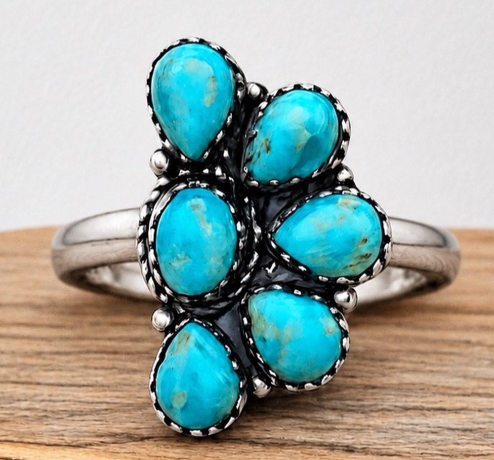 Turquoise Cluster Ring Sterling Silver 925 Native Style Southwest Statement Sz 7